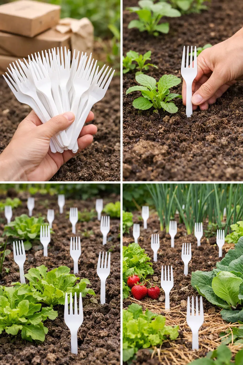 Fourchettes en plastique dans le potager tous les jardiniers sy mettent la raison est ingenieuse.jpg